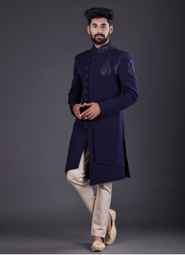 Stylish Imported Silk Indowestern In Navy Blue Color