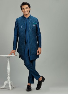 Stylish Indowestern Set In Peacock Blue With Thread Work