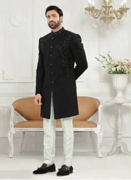 Stylish Jacquard Silk Black Indowestern