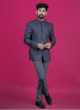 Stylish Jodhpuri Suit In Dark Grey