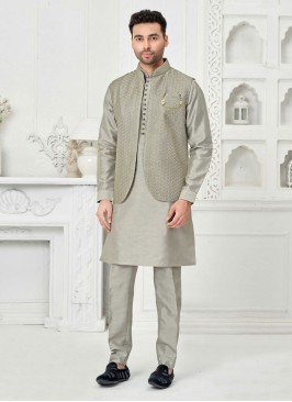 Stylish Light Grey Embroidered Nehru Jacket Set