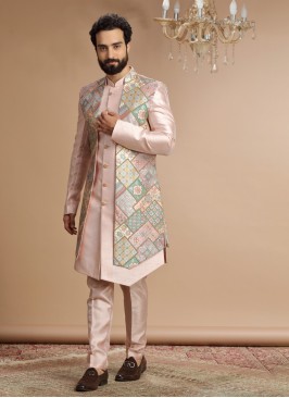 Stylish Light Peach Art Silk Nehru Jacket Set