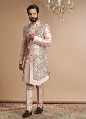 Stylish Light Peach Art Silk Nehru Jacket Set