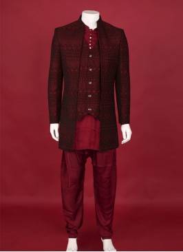 Stylish Lucknowi Work Indowestern In Maroon Color