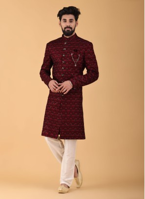 Stylish Lucknowi Work Indowestern In Maroon Color