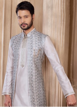 Stylish Off White Thread Work Nehru Jacket Set