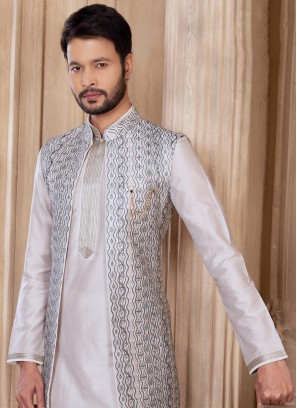 Stylish Off White Thread Work Nehru Jacket Set