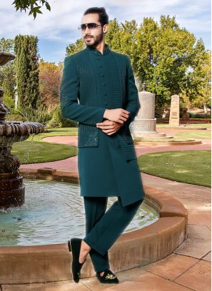 Stylish Party Wear Indowestern In Teal Blue