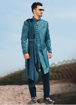 Stylish Peacock Blue Indowestern Set