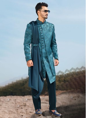 Stylish Peacock Blue Indowestern Set