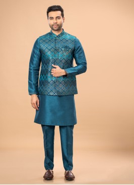 Stylish Peacock Blue Nehru Jacket Set