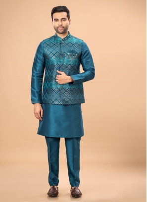 Stylish Peacock Blue Nehru Jacket Set