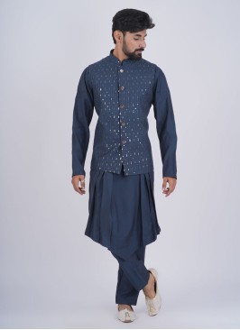 Stylish Peacock Blue Silk Nehru Jacket Set