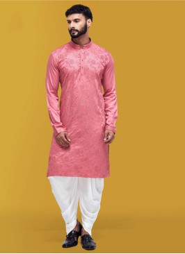 Stylish Pink Thread Embroidered Indowestern For Men