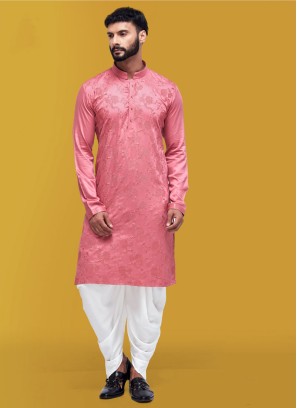 Stylish Pink Thread Embroidered Indowestern For Men