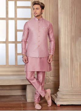 Stylish Pink Thread Embroidered Nehru Jacket Set