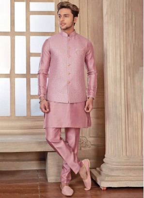 Stylish Pink Thread Embroidered Nehru Jacket Set