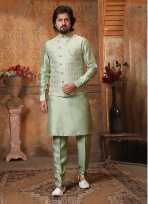 Stylish Pista Green Thread Embroidered Nehru Jacket Set