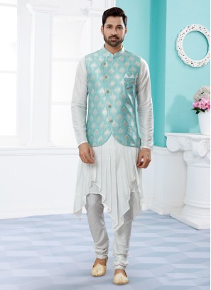 Stylish Powder Blue And White Nehru Jacket Set