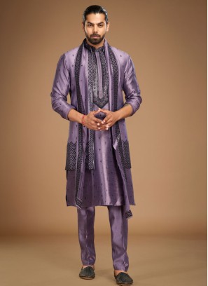 Stylish Purple Embroidered Nehru Jacket Set