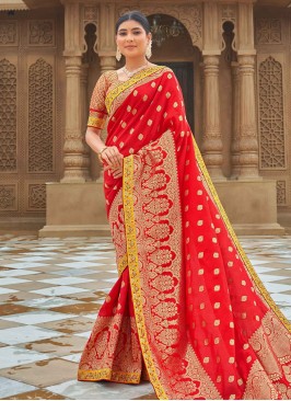 Stylish Red Woven Banarasi Silk Saree