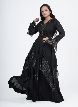 Stylish Satin Silk A-Line Kurti In Black Color