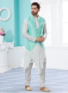 Stylish Sea Green Weaving Nehru Jacket Set