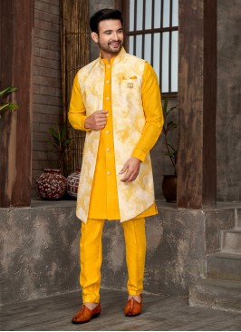 Stylish Sequins Work Indowestern Set In Yellow Color