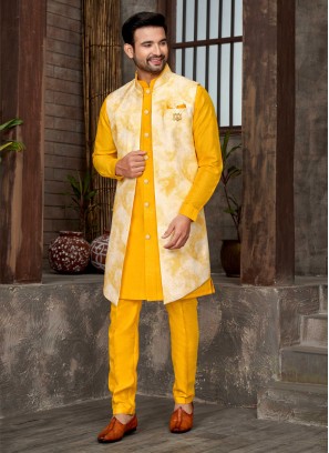 Stylish Sequins Work Indowestern Set In Yellow Color