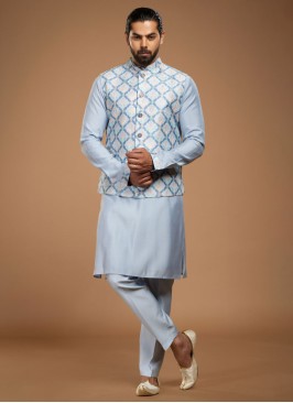 Stylish Sky Blue Silk Nehru Jacket Set