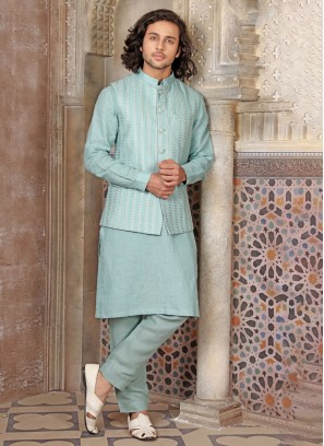 Stylish Sky Blue Thread Embroidered Nehru Jacket Set