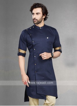 Stylish Solid Navy Blue Cotton Silk Kurta