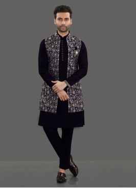 Stylish Thread Work Nehru Jacket Set In Navy Blue