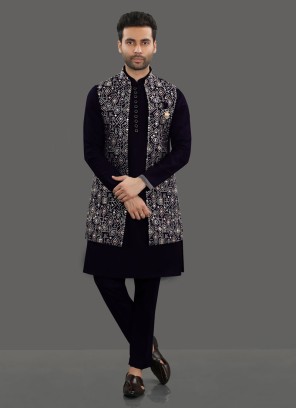 Stylish Thread Work Nehru Jacket Set In Navy Blue