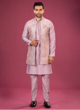 Stylish Thread Work Nehru Jacket Set In Onion Pink
