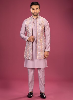 Stylish Thread Work Nehru Jacket Set In Onion Pink