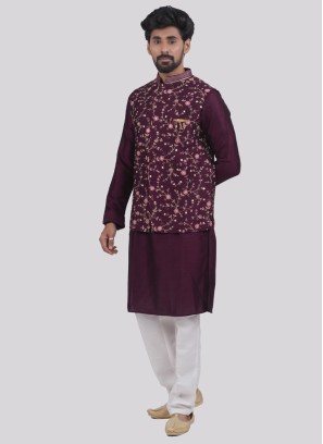 Stylish Thread Work Nehru Jacket Set In Wine Color