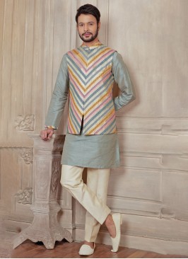 Stylish Weaving Embroidered Nehru Jacket Set