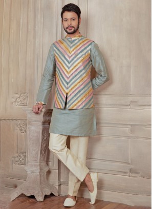 Stylish Weaving Embroidered Nehru Jacket Set
