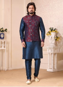 Stylish Wine And Blue Nehru Jacket Set