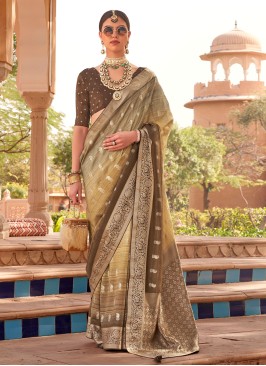 Shaded Brown Digital Printed Designer Silk Saree