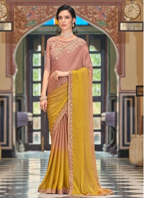 Peach and Yellow Designer Silk Saree