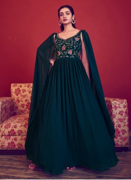 Dark Teal Blue Wedding Wear Georgette Gown