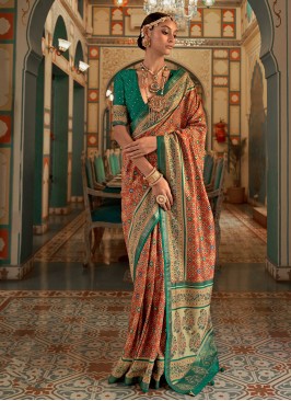 Orange and Green Patola Silk Designer Saree