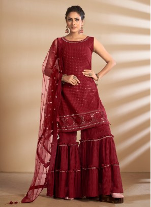 Sunshine Sequins Red Designer Palazzo Salwar Kameez