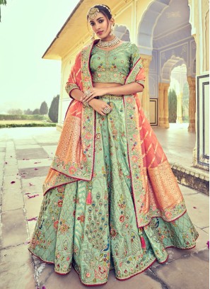 Buy Embroidered, Resham and Zari Work Silk Lehenga Choli In Pink and Sea  Green Online : 273324 -