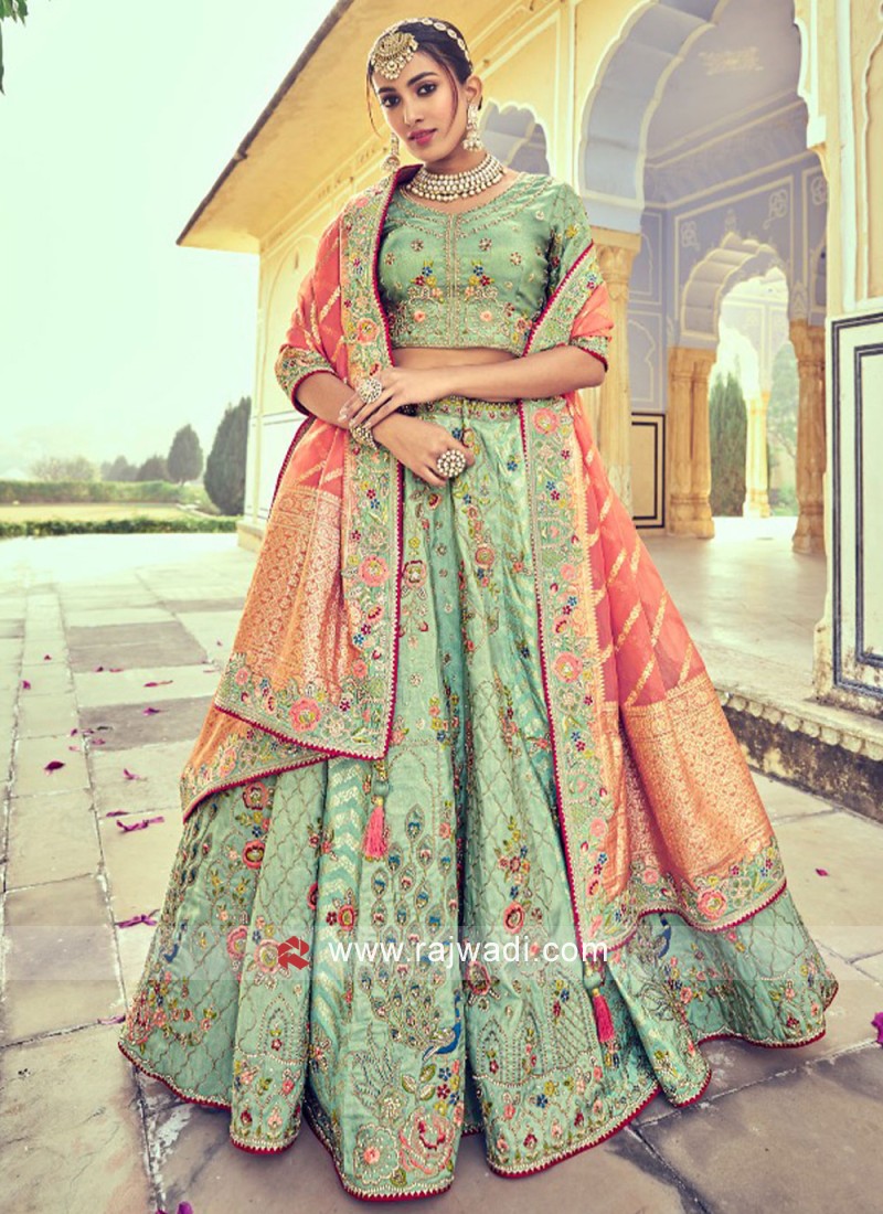 Buy Pleasing Sea Green Mirror Work Rajwadi Silk Wedding Lehenga Choli -  Zeel Clothing