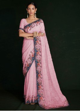 Baby Pink Georgette Lucknowi Designer Saree