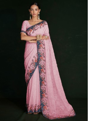 Baby Pink Georgette Lucknowi Designer Saree