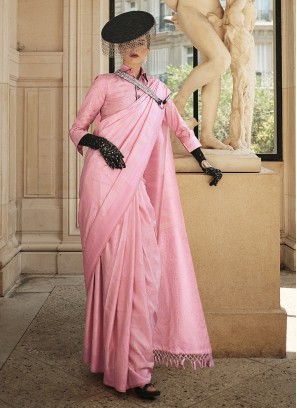 Stunning Pink Handloom Silk Contemporary Saree